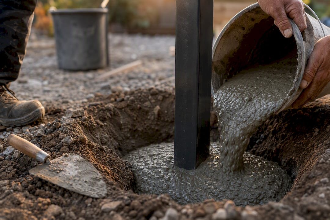 Betonas pilamas aplink metalinį tvoros stulpą